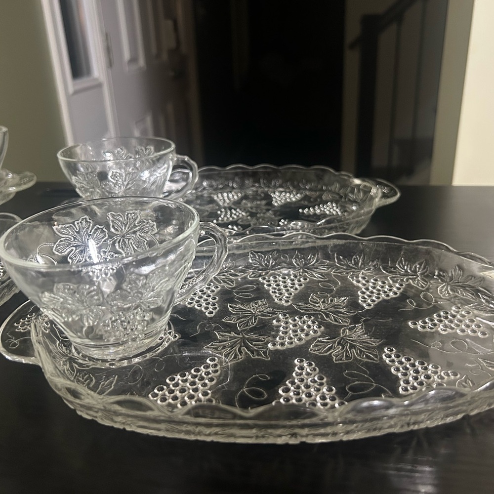 MCM Anchor Hocking Grape Vine Clear Glass Snack/ Charcuterie Set - multiples!